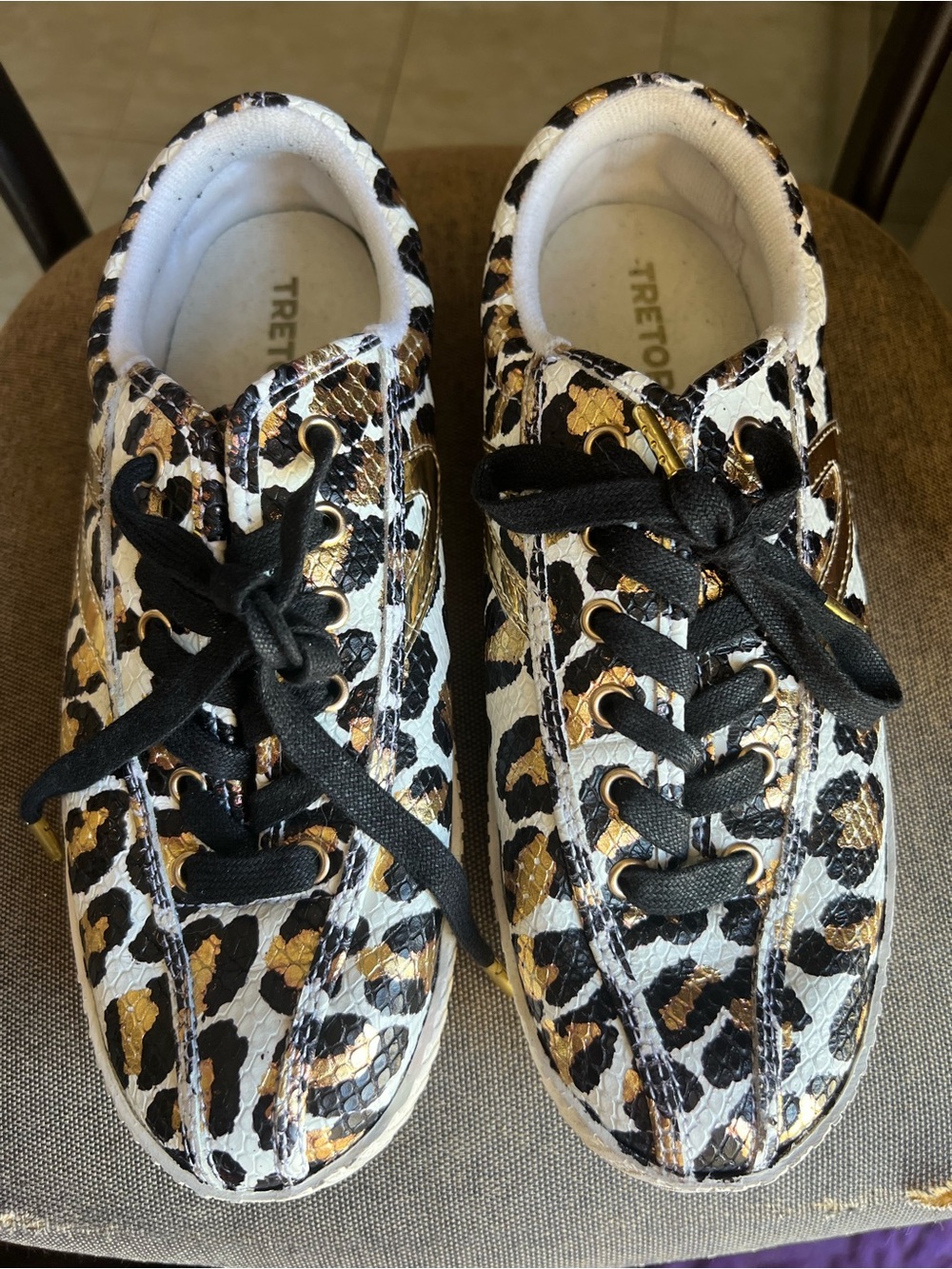 Tretorn Leopard Print Sneakers with Black Laces and Gold Accents